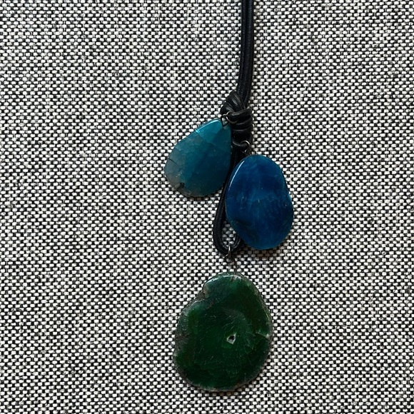 Handmade Blue and Green Stone Necklace with brown cord , Made in Athens, Greece - Picture 1 of 17